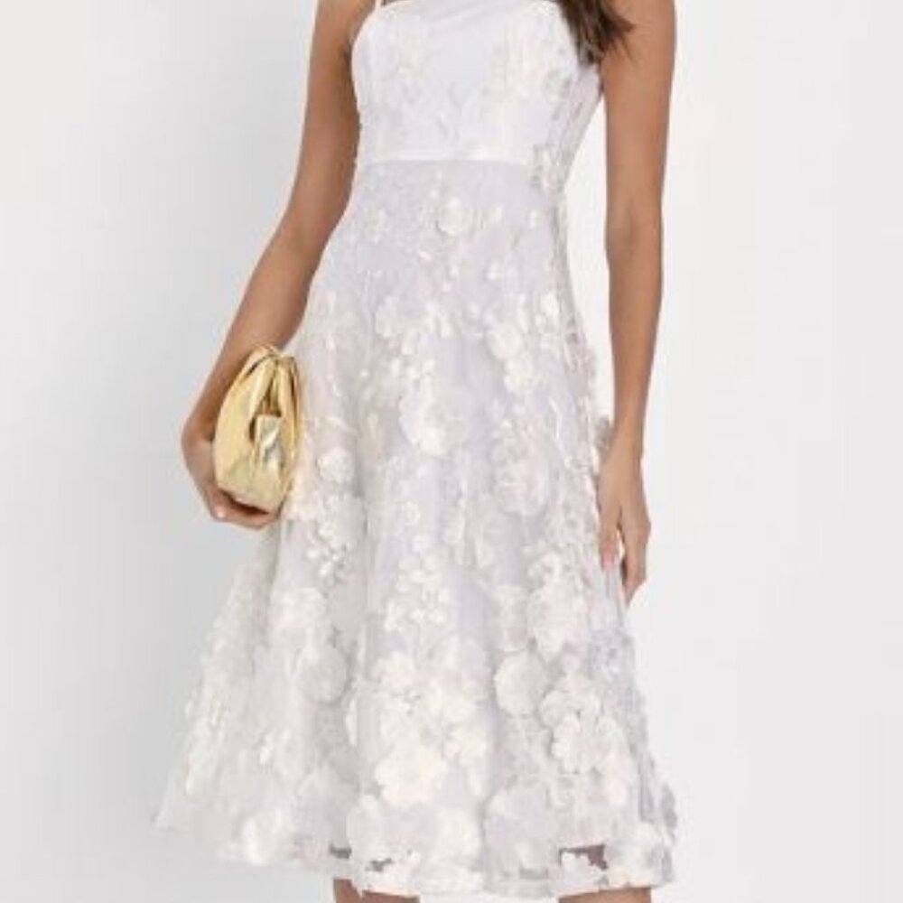 Glamour Garden White 3D Floral Embroidered Midi Dress NWT